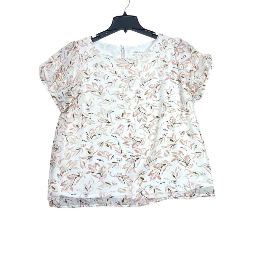 Kaileigh Soft Floral Print Blouse Women's L White Pink Short Ruffle Sleeve Sheer